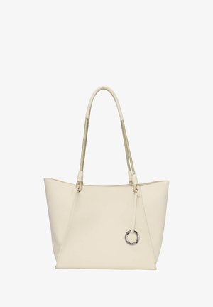 Beige Tragetasche aus glattem synthetischem Material. Verfügt über lange gewebte Griffe, einen verstellbaren Riemen und ein kreisförmiges Metallelement.