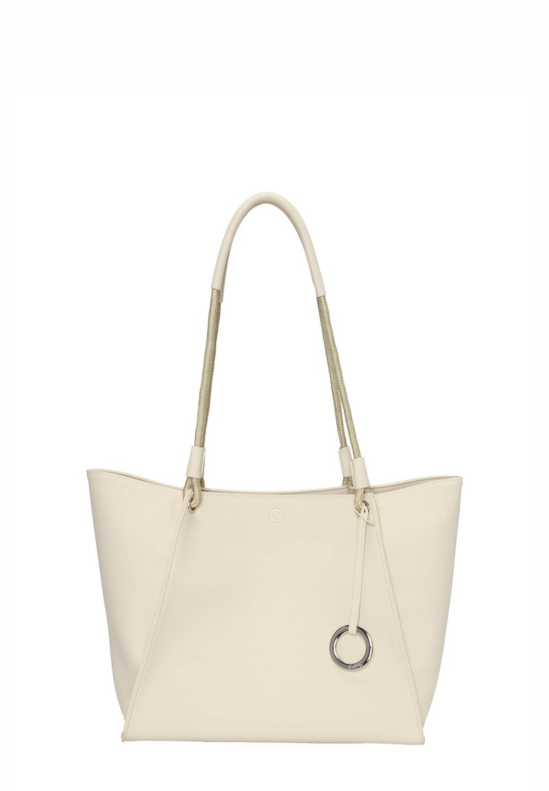 Borsa tote beige realizzata in materiale sintetico liscio. Presenta manici intrecciati lunghi, una tracolla regolabile e un accento metallico circolare.
