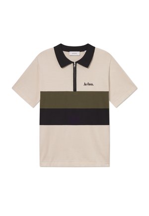 Short-sleeved polo shirt in beige with black collar and zip closure, featuring horizontal stripes in olive green and black. Embroidered logo.