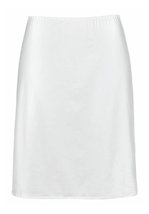 Witte, knielange rok van soepel materiaal met een elastische tailleband. Rechte snit zonder zichtbare patronen of accenten. Eenvoudig ontwerp.