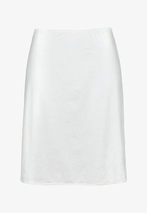 Witte, knielange rok van soepel materiaal met een elastische tailleband. Rechte snit zonder zichtbare patronen of accenten. Eenvoudig ontwerp.
