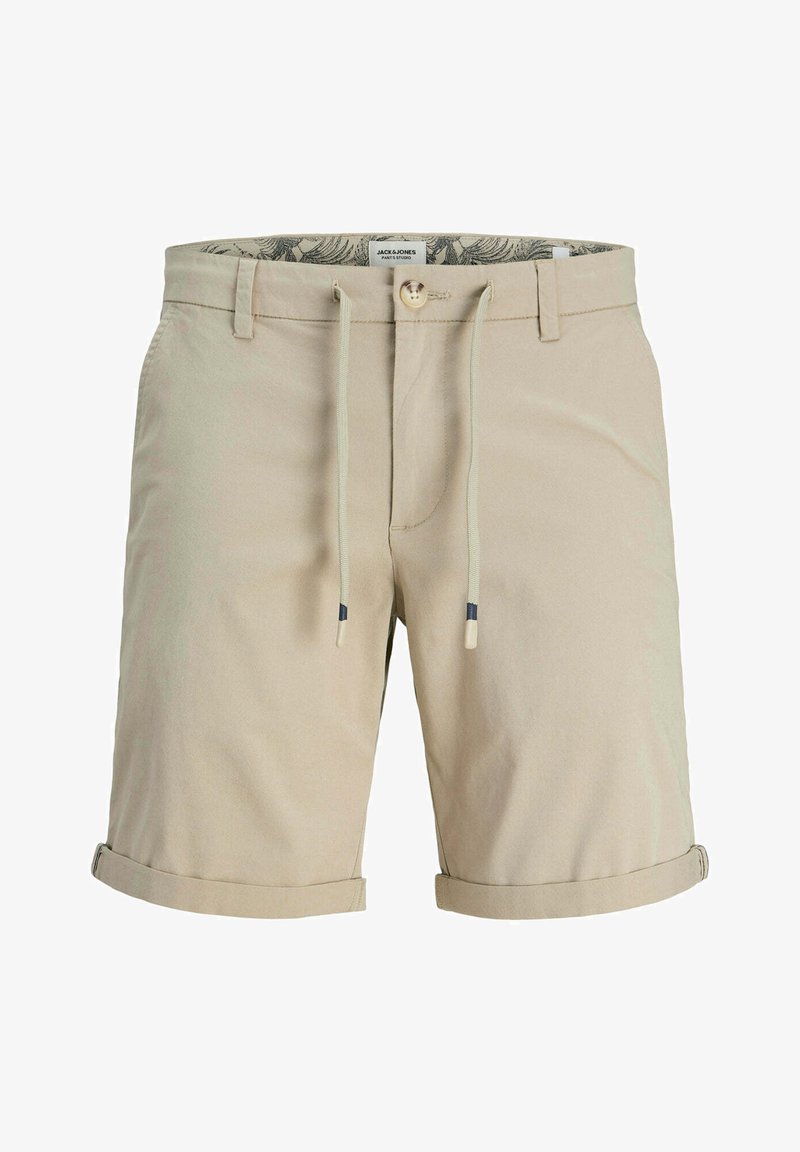 Beżowe szorty z elastycznym paskiem ze sznurkiem, zapięciem na guzik i zawiniętymi mankietami. Podszewka z wzorzystej tkaniny. Materiał mieszanki bawełnianej.