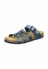 Black sandal with cork footbed, multiple straps featuring a floral pattern, adjustable buckle, and rubber outsole for grip.