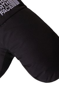 Black padded mitten featuring a sleek, smooth exterior and textured grip on the underside. Includes embroidered logo detail on top.