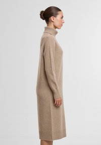 Beiges Rollkragenkleid aus weichem Strickstoff, mit gerippten Bündchen und Saum, gerader Silhouette und einer Länge bis zur Mitte der Wade.