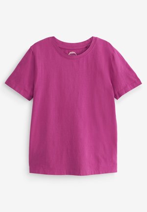 T-shirt magenta uni à manches courtes avec encolure ronde, présenté à plat sur un fond blanc.