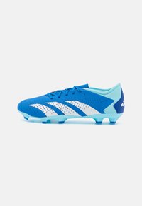 Talon de football bleu avec des rayures blanches, tige texturée et accents bleu clair. Présente un design élégant et des pointes moulées pour une meilleure traction.