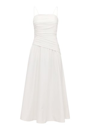 Abito midi bianco senza maniche con corpetto arricciato, sottili spalline a spaghetti e gonna fluente con dettaglio asimmetrico in vita.