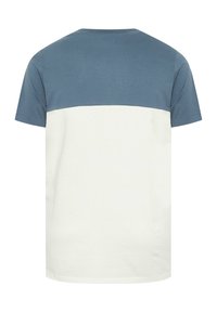 T-shirt à manches courtes avec une partie supérieure bleue et une partie inférieure blanche, vu de dos sur fond blanc.