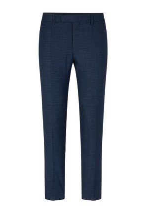 Pantaloni su misura blu navy con tessuto strutturato, design slim fit e pieghe anteriori stirate. Presentano passanti per cintura e tasche laterali.