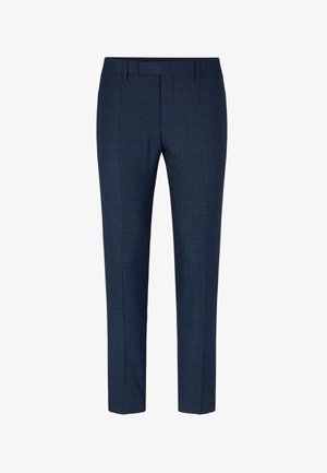 Pantaloni su misura blu navy con tessuto strutturato, design slim fit e pieghe anteriori stirate. Presentano passanti per cintura e tasche laterali.