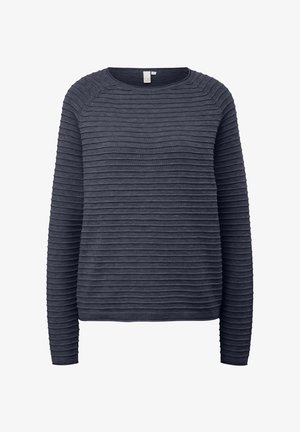 Pull à manches longues gris foncé avec une texture côtelée, présentant des rayures horizontales et un col rond. Tissu doux avec une coupe décontractée.