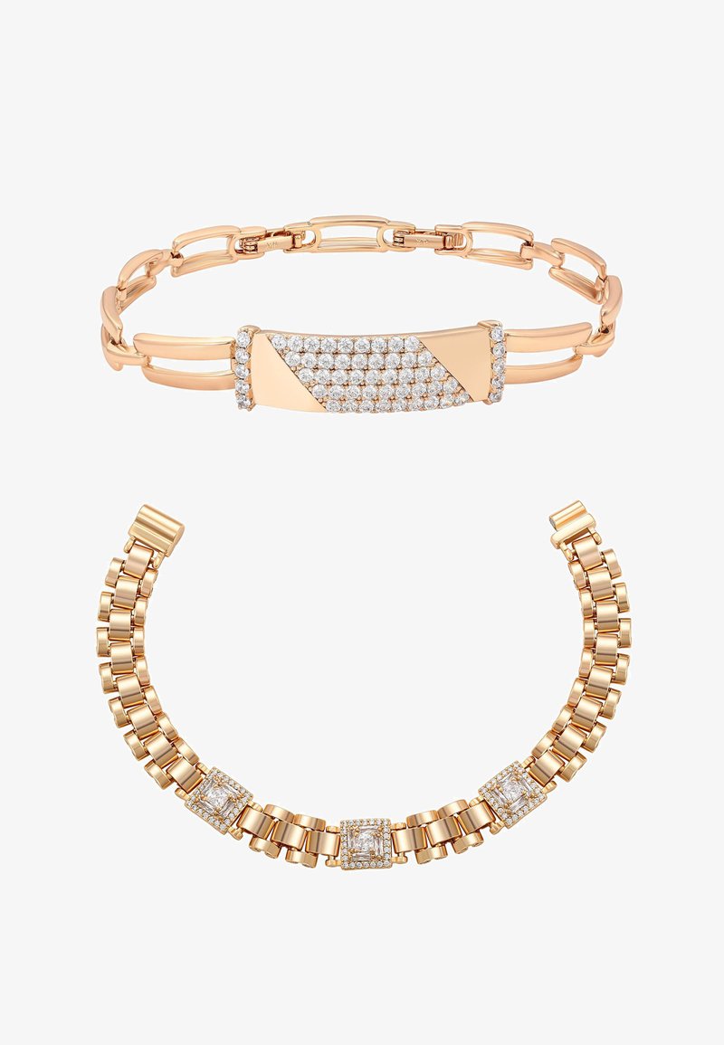 To armbånd i rosaguld, det ene med en geometrisk plade besat med diamanter, det andet med tre firkantede diamant-klynger på et sammenkoblet bånd.