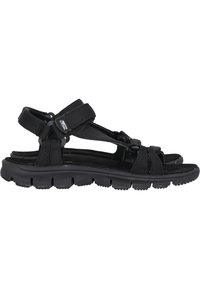 Black sandals featuring a textured strap design, adjustable Velcro fasteners, and a cushioned sole with a segmented pattern for flexibility.