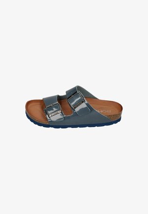 Two-tone blue sandal with two adjustable straps and silver buckles. Cork footbed and navy rubber sole provide support and comfort.