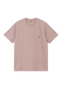 T-shirt in cotone rosa chiaro con scollo rotondo, maniche corte e taschino sul lato sinistro con una piccola toppa con logo. Design semplice e classico.