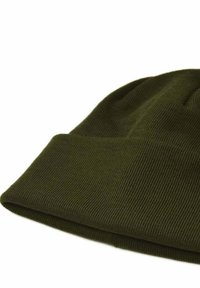 Olive green knit beanie hat with a ribbed texture and a folded cuff, featuring a soft, stretchy material for comfort.