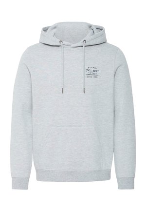 Lichtgrijze hoodie met capuchon, voorzak en trekkoorden, met kleine zwarte tekst op de linkerborst: "B.L.E.N.D The Best of the Denim Workers."