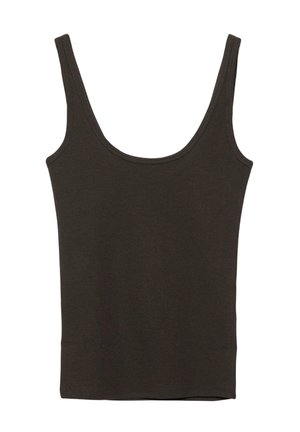 Mørkebrun ærmeløs tanktop med brede skulderstropper og en rund halsudskæring, lagt fladt på en hvid baggrund.