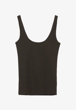 Donkerbruin mouwloos tanktop met brede schouderbanden en een ronde hals, plat uitgevouwen op een witte achtergrond.