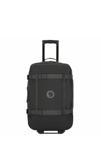 Rucsac cu roți negre, fabricat dintr-un material durabil, cu un logo rotund, curele ajustabile și un mâner retractabil pentru un transport ușor.