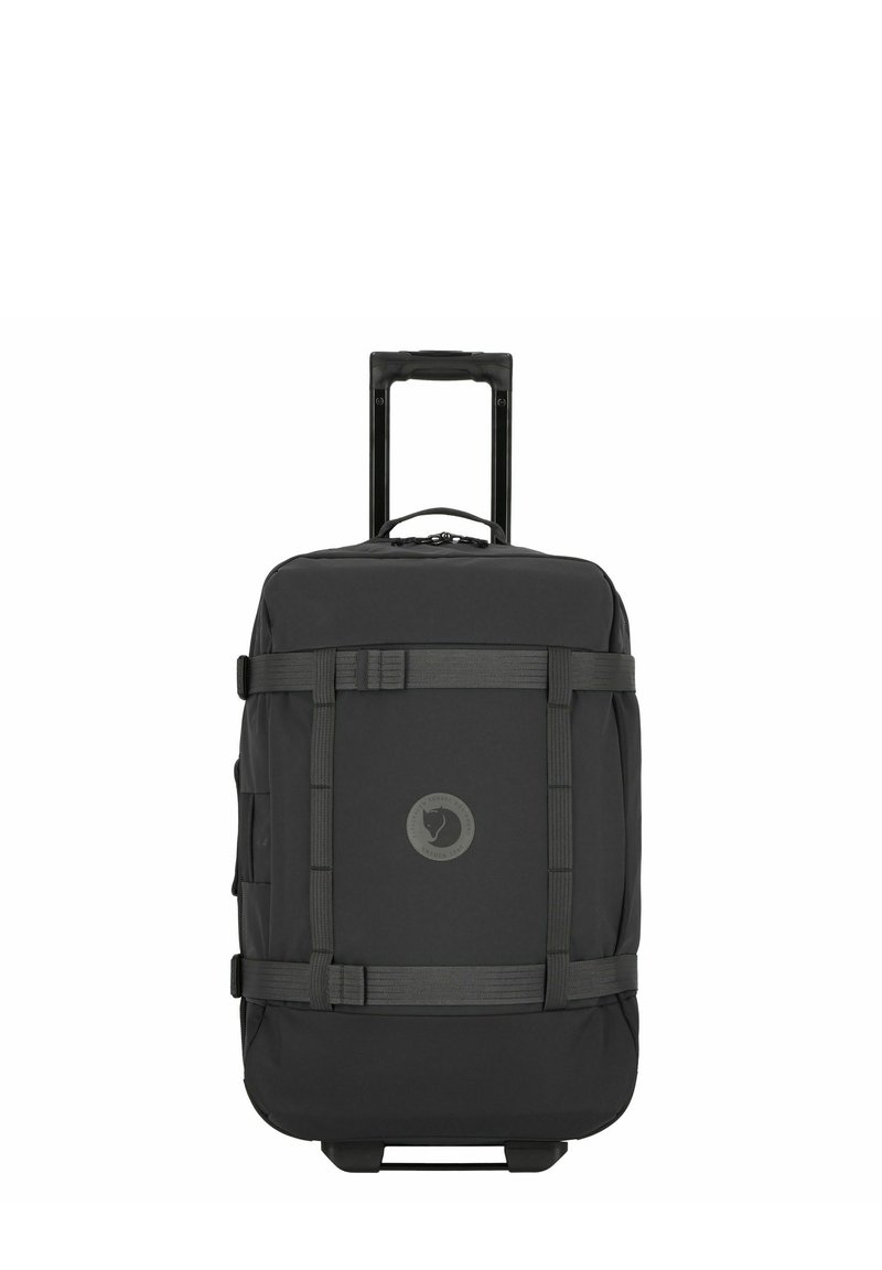 Rucsac cu roți negre, fabricat dintr-un material durabil, cu un logo rotund, curele ajustabile și un mâner retractabil pentru un transport ușor.