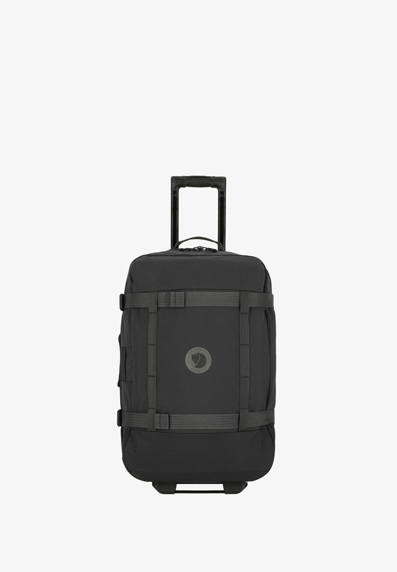 Black wheeled backpack made of durable fabric, featuring a round logo, adjustable straps, and a retractable handle for easy transport.