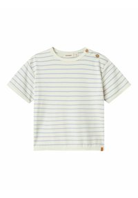 Pruhované tričko s krátkým rukávem v barvě slonové kosti s světle modrými pruhy, má kulatý výstřih a dva knoflíkové detaily na rameni.