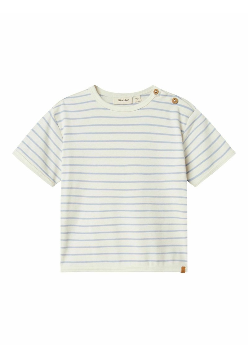 Pruhované tričko s krátkým rukávem v barvě slonové kosti s světle modrými pruhy, má kulatý výstřih a dva knoflíkové detaily na rameni.