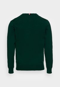 Pull vert foncé à manches longues avec poignets et ourlet côtelés, présentant un petit détail de rayure rouge, blanche et bleue au col arrière.