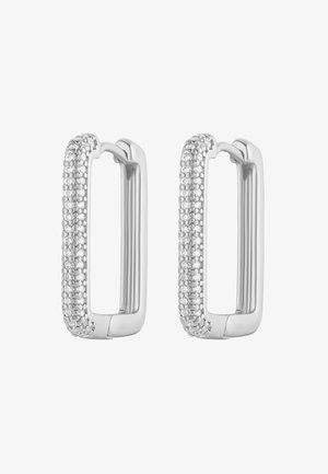 Silver hoop earrings with a rectangular shape, featuring a row of small clear crystals along one edge. Smooth metallic finish.