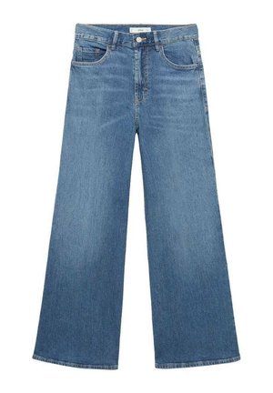 Široke modre kavbojke z visokim pasom, ki vključujejo sprednje gumbno zapiranje, pet žepov in zbledel izgled.