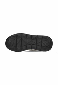 Black rubber shoe sole with a textured surface, featuring rectangular and triangular patterns for enhanced grip and durability.