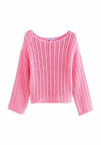Maglione rosa lavorato a maglia con colletto ampio e aperto. Presenta maniche lunghe e una vestibilità ampia. Motivo testurizzato con strisce verticali. Materiale leggero.