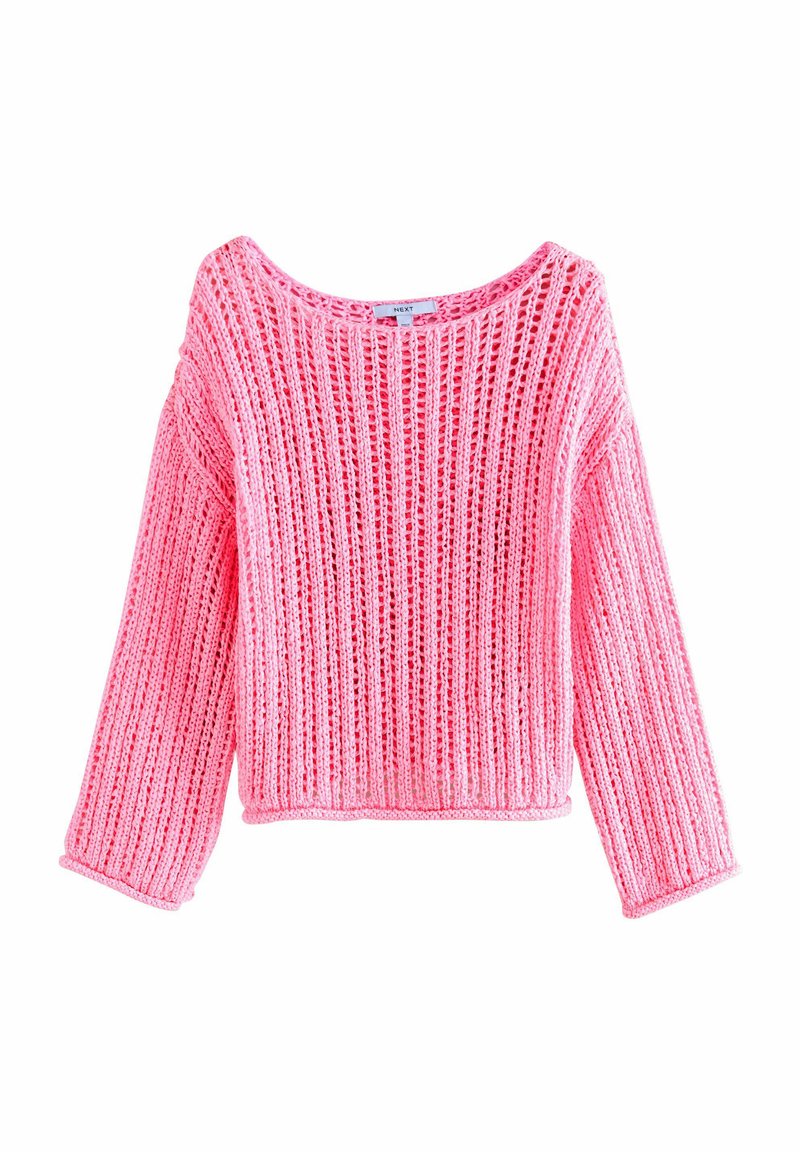 Maglione rosa lavorato a maglia con colletto ampio e aperto. Presenta maniche lunghe e una vestibilità ampia. Motivo testurizzato con strisce verticali. Materiale leggero.