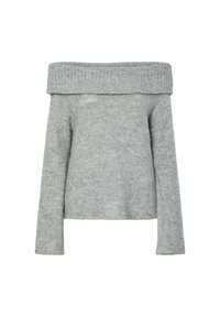 Suéter gris sin mangas, hecho de material de punto suave, con un escote acanalado y mangas largas con un corte holgado.