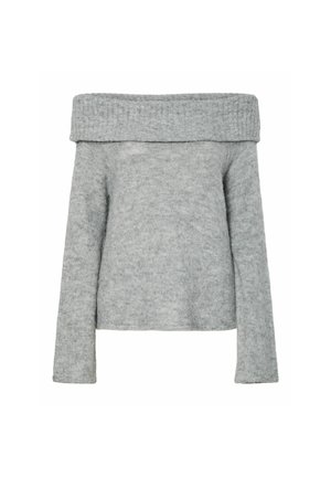 Grijze off-the-shoulder trui, gemaakt van zacht breimateriaal, met een ribbelhalslijn en lange mouwen met een losse pasvorm.