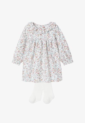 Blumendruck-Kleid für Kleinkinder aus leichtem Stoff mit weißen Strumpfhosen. Mit rundem Kragen, langen Ärmeln und taillierter Taille für Volumen.