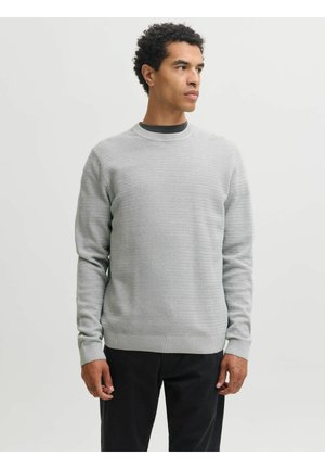 Mann mit kurzen lockigen Haaren, der einen hellgrauen strukturierten Pullover und schwarze Hosen trägt und seitlich vor einem einfarbigen hellen Hintergrund schaut.