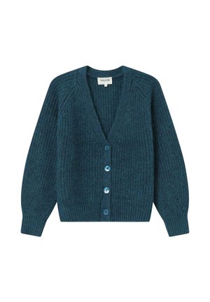 Cardigan en tricot teal avec un col en V, texture côtelée et six boutons bleus à l'avant. Dispose de manches longues et d'une coupe carrée.
