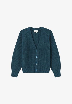Cardigan en tricot teal avec un col en V, texture côtelée et six boutons bleus à l'avant. Dispose de manches longues et d'une coupe carrée.