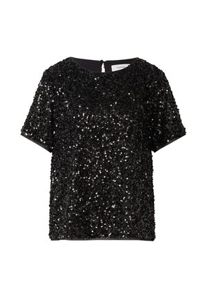 Schwarzes kurzärmliges Oberteil, bedeckt mit schillernden Pailletten, mit rundem Ausschnitt und Schlüssellochverschluss am Rücken. Glatte Stoffunterlage.