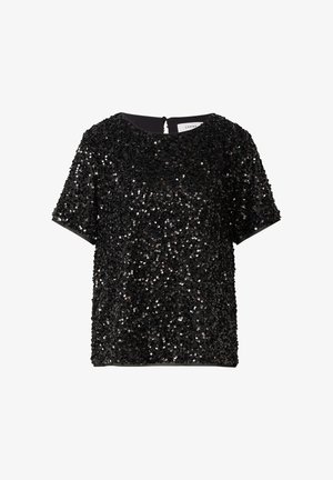 Schwarzes kurzärmliges Oberteil, bedeckt mit schillernden Pailletten, mit rundem Ausschnitt und Schlüssellochverschluss am Rücken. Glatte Stoffunterlage.