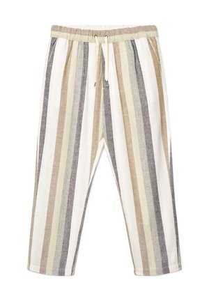 Freizeithose mit vertikalen Streifen in Beige, Creme, Grau und Weiß, mit elastischem Bund und weißem Kordelzug.