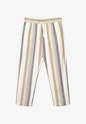 Pantalon décontracté à rayures verticales en beige, crème, gris et blanc, avec une taille élastique et un cordon blanc.