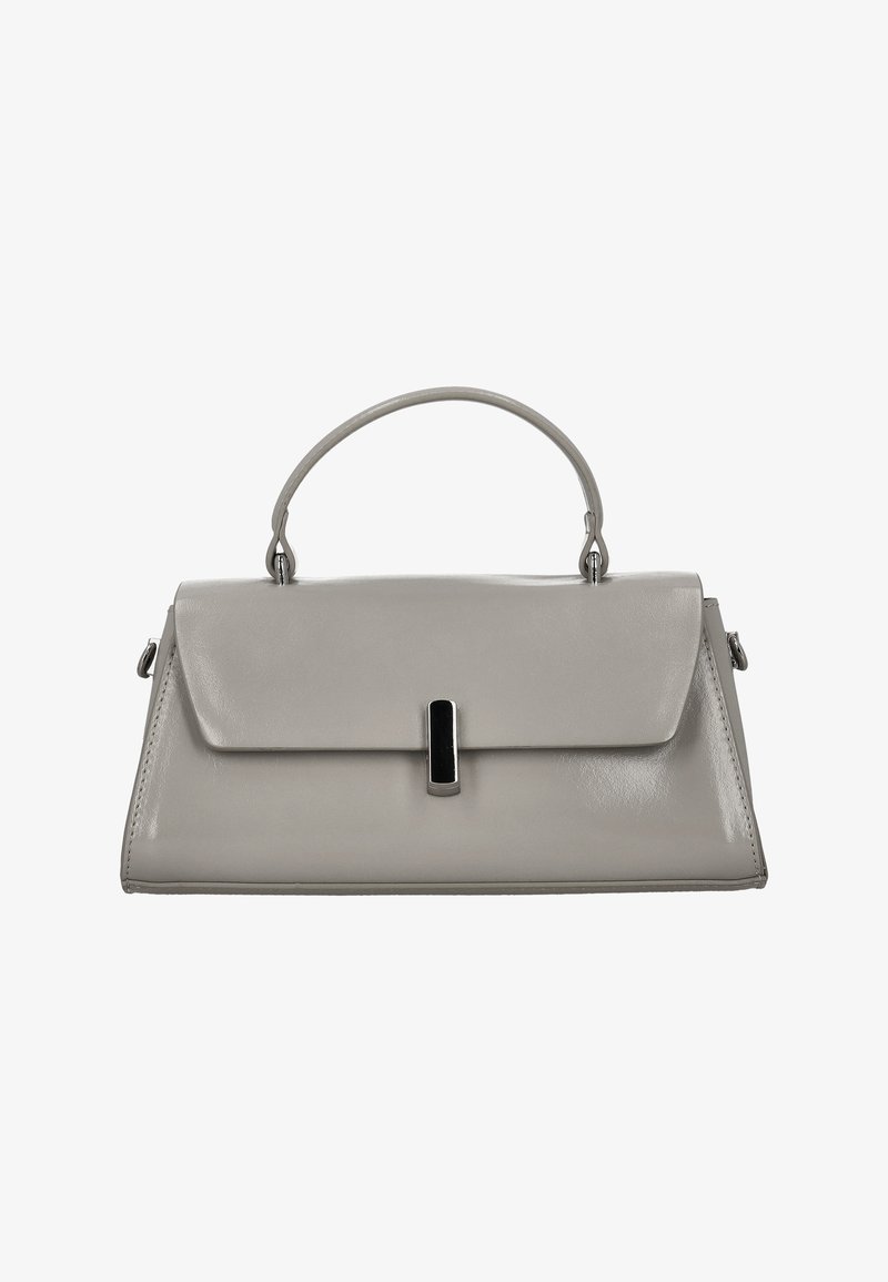 Graue Lederhandtasche mit strukturiertem Design, ausgestattet mit einem oberen Griff und einer vorderen Klappe, die durch einen schwarzen Metallverschluss gesichert ist.