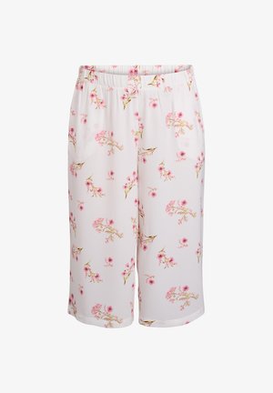 Blumendruck-Culottes in Hellrosa und Weiß, mit einem elastischen Bund, Taschen und einem leichten Stoff mit glatter Textur.