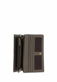 Gray leather wallet with a textured finish, interior zipper compartment, multiple card slots, and two clear ID windows. Gold accents.