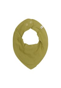 Oliveowozielony, trójkątny śliniak dla niemowląt z dwoma metalowymi zatrzaskami i małą, prostokątną, białą metką marki.