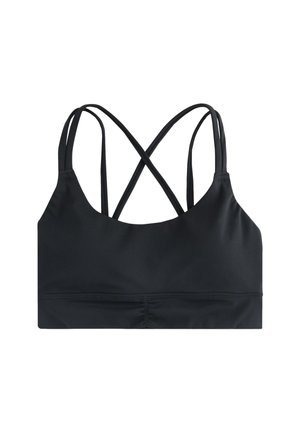 Brassière de sport noire avec doubles fines bretelles croisées dans le dos et une couture froncée le long de la bande inférieure.